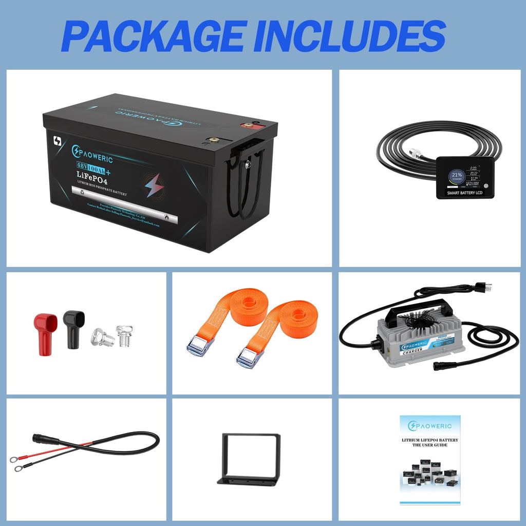 Paoweric 48V 100Ah LiFePO4 Lithium Golf Cart Battery with Charger, Perfect for Golf Cart, Trolling Motor