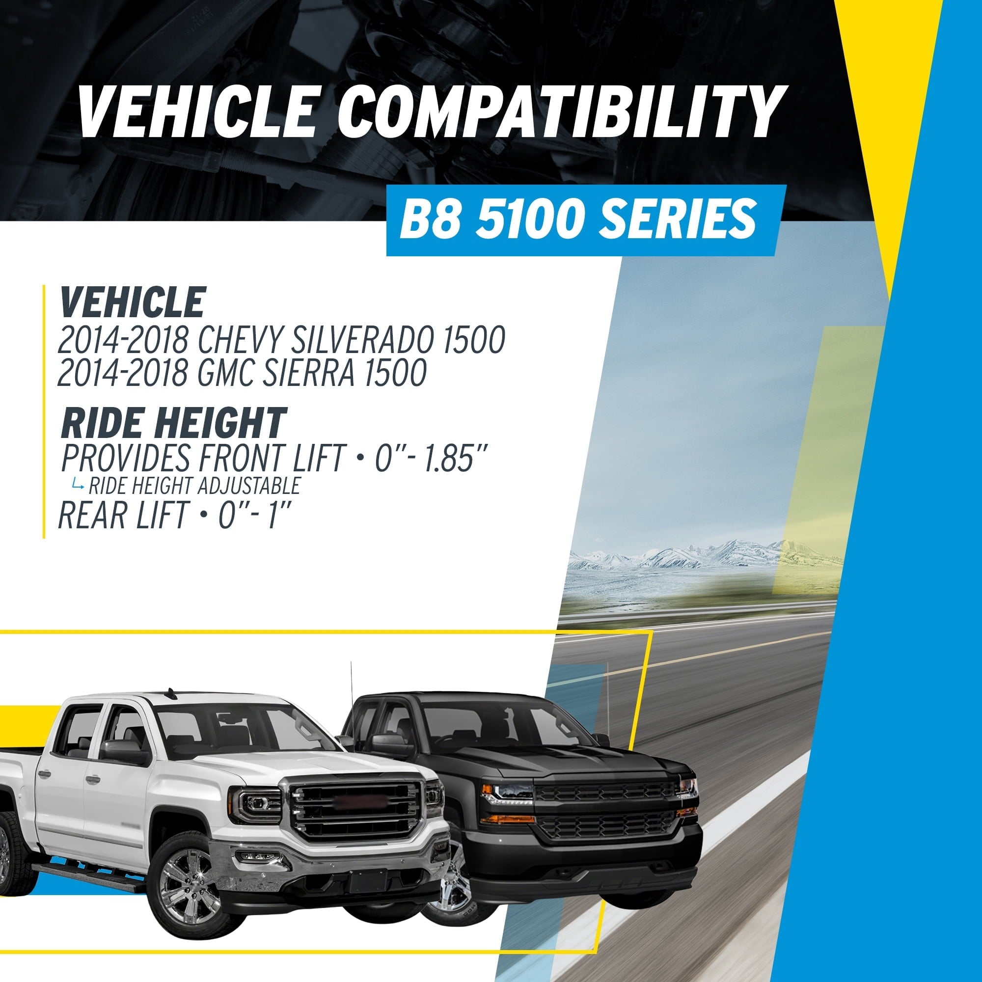 Bilstein Set of Front and Rear B8 5100 Series Shocks Compatible with 2014-2018 Silverado/Sierra 1500 with 0-1 Rear Lift | Provides 0-1.85 Front Lift