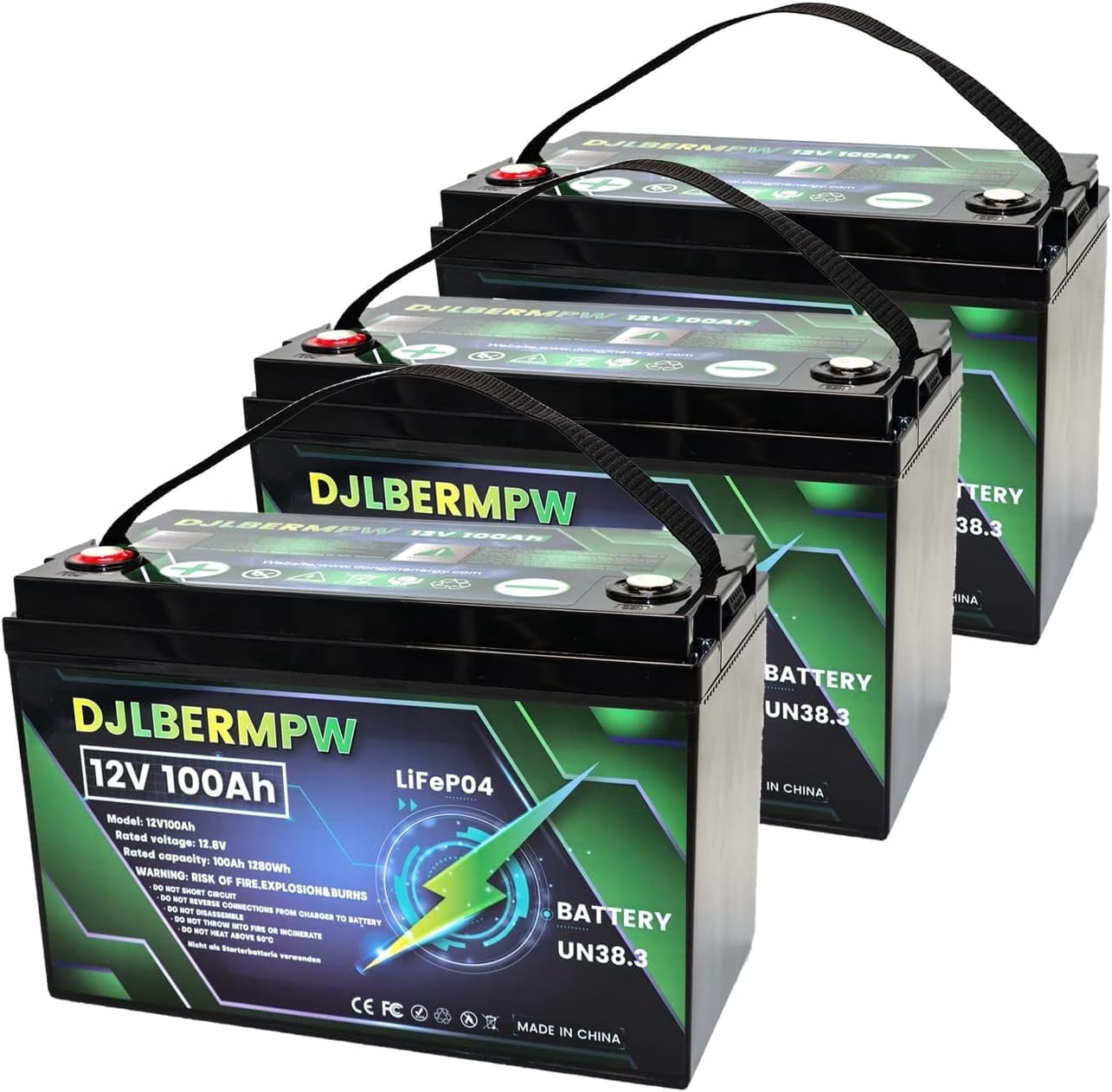 4Pack 12V 100Ah LiFePO4 Lithium Battery, DJLBERMPW 15000+ Deep Cycle Battery 100A BMS for 3HP Golf Cart, Marine, Backup Power, Solar System