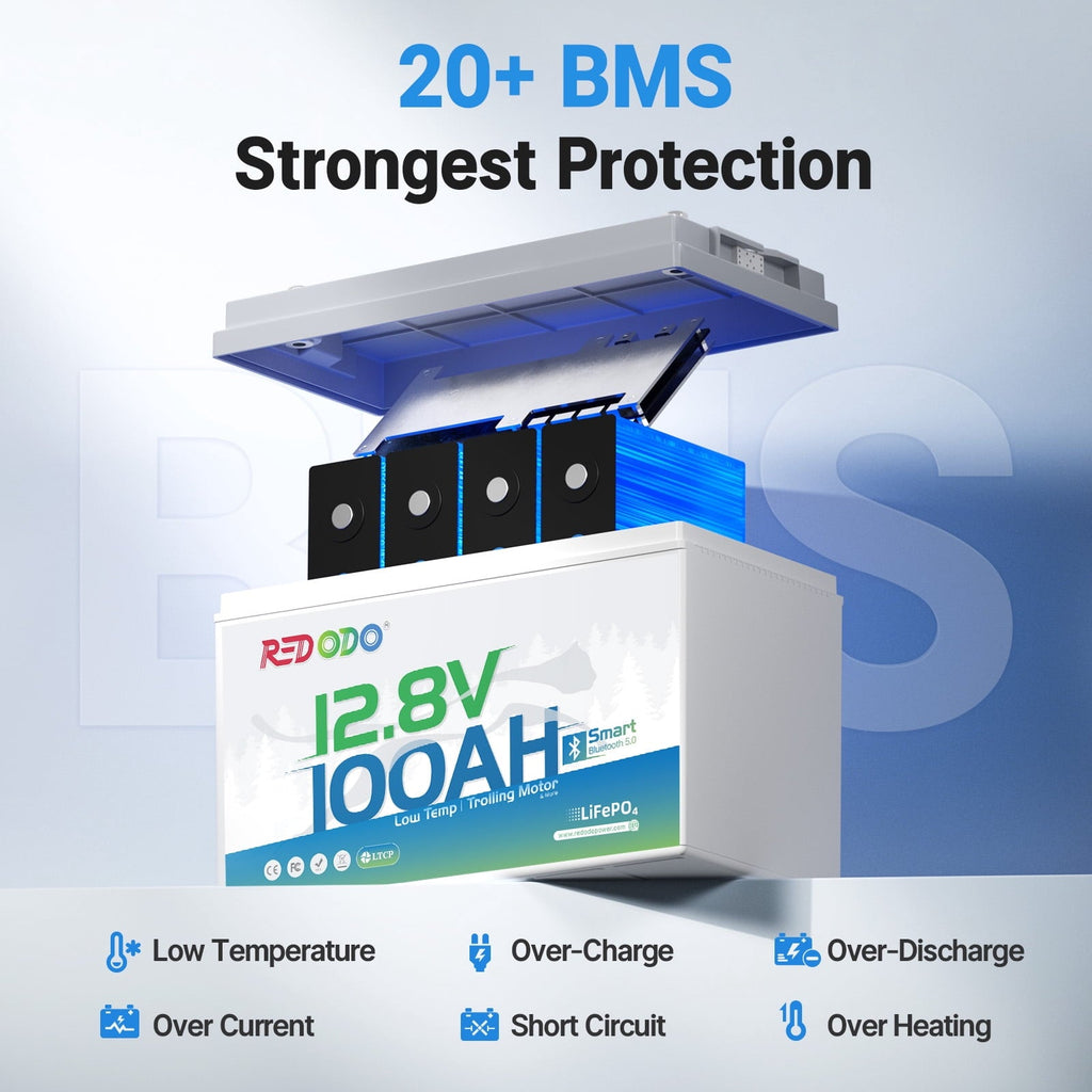 Redodo 12V 100Ah LiFePO4 Battery Bluetooth 100A BMS Remote Control Lithium Battery Low-Temp Protection for Trolling Motor RV