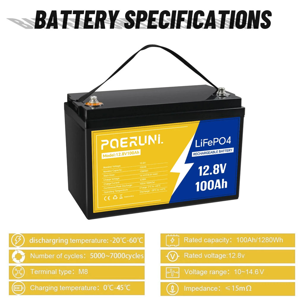 POERUNI 12V 100Ah LiFePO4 Battery Deep Cycle Lithium Iron for RV Solar System Camper